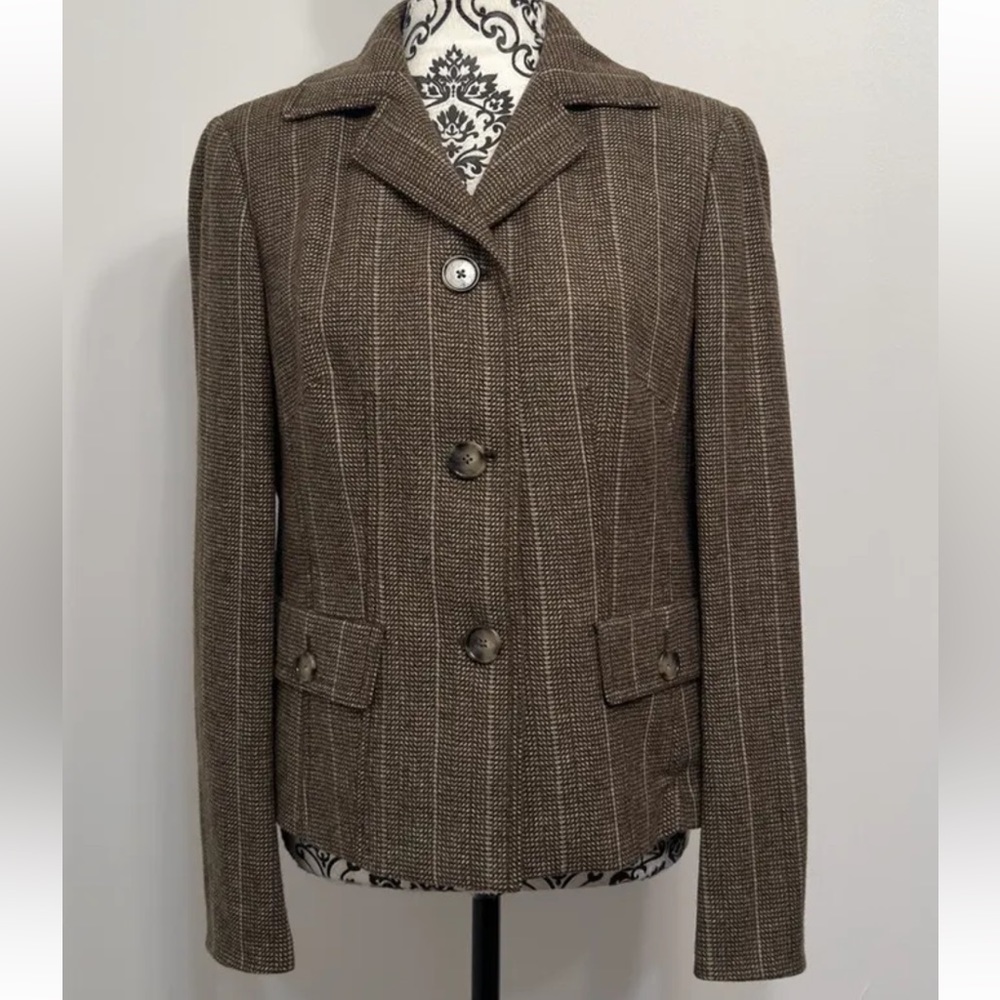 At Studio Women’s Brown Tweet Pockets Lined Blazer Jacket Size 10.
